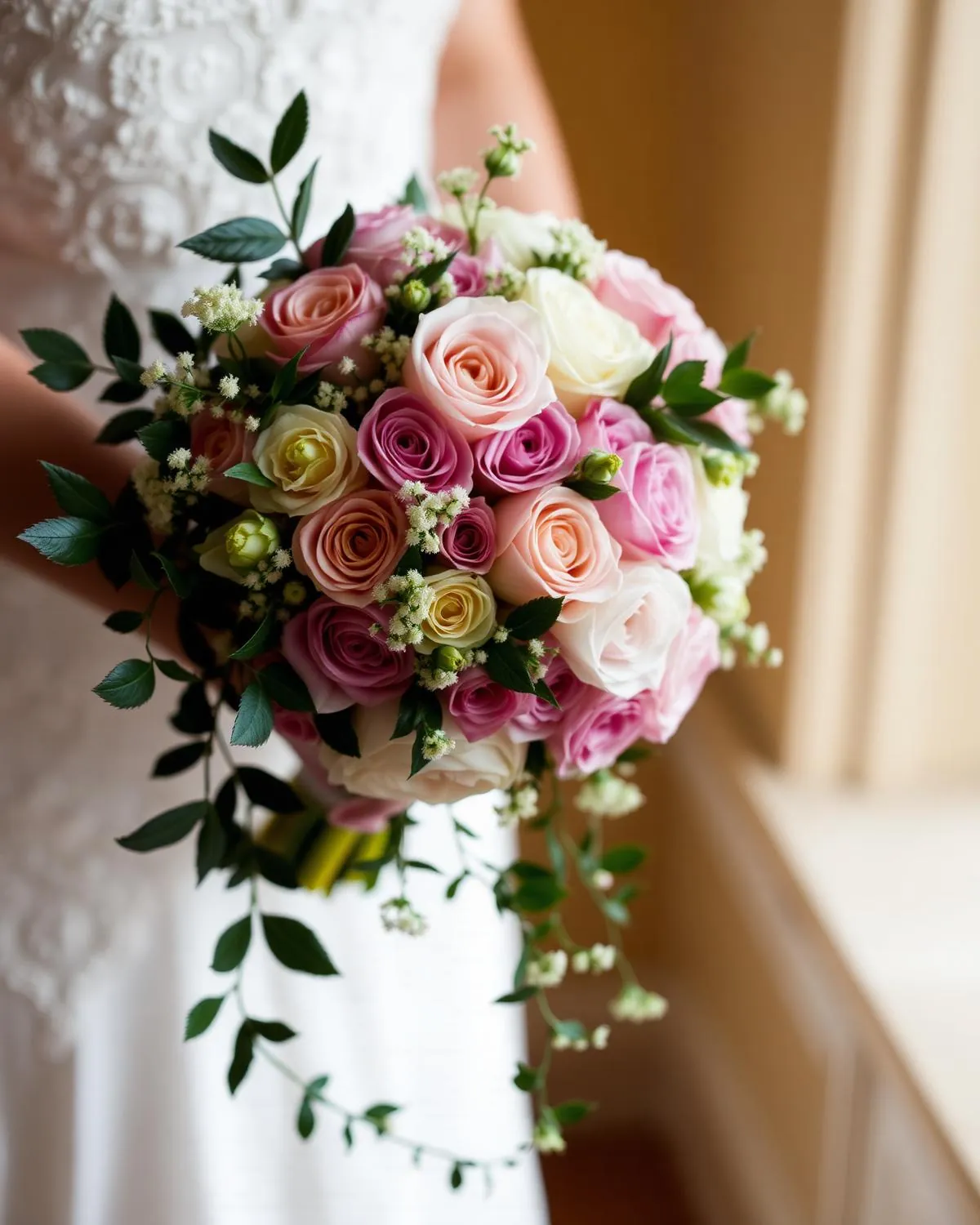 Hand-tied bridal bouquet of garden roses and ranunculus in soft natural light