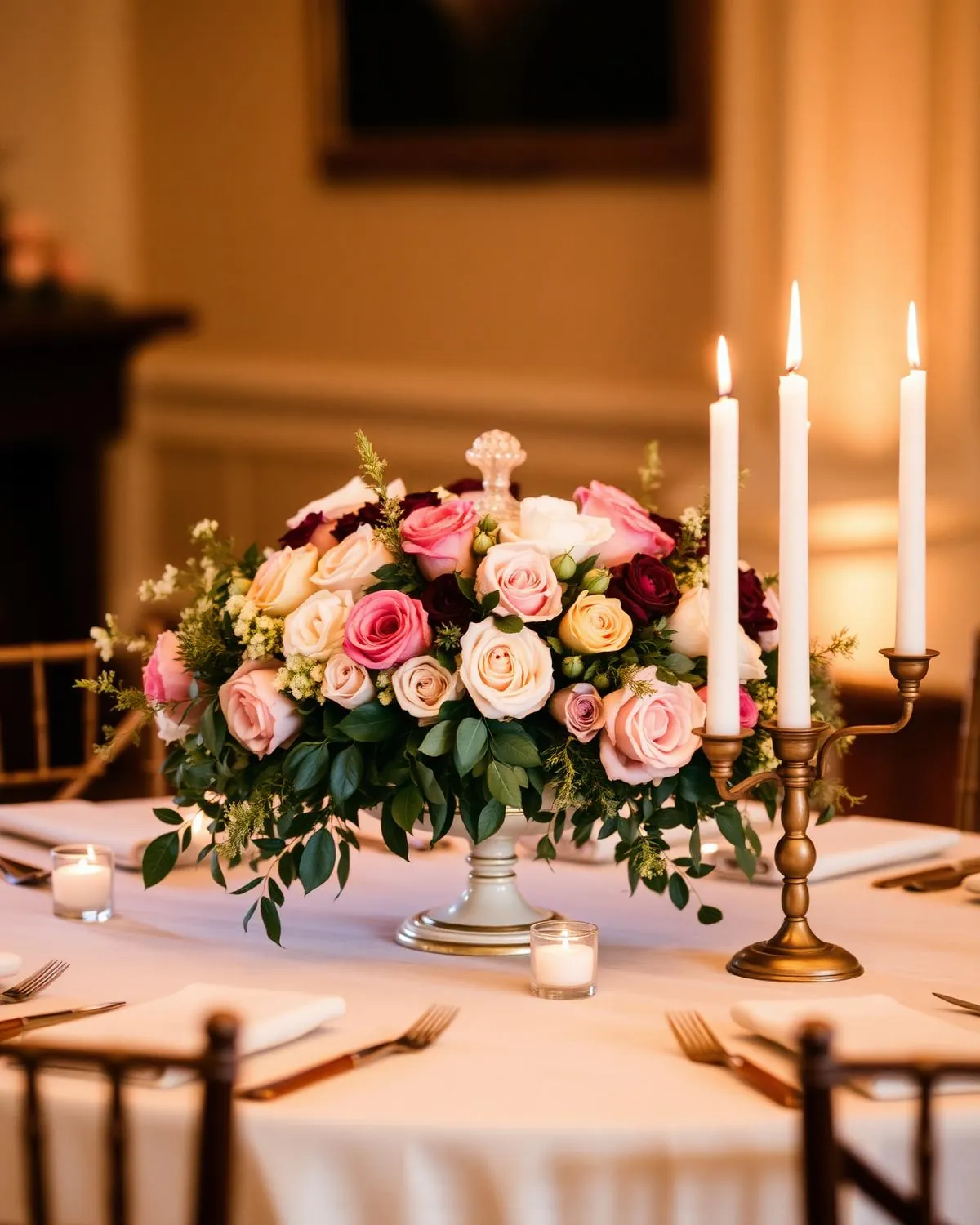 Low lush wedding centerpiece compote of garden roses on a candlelit dinner table