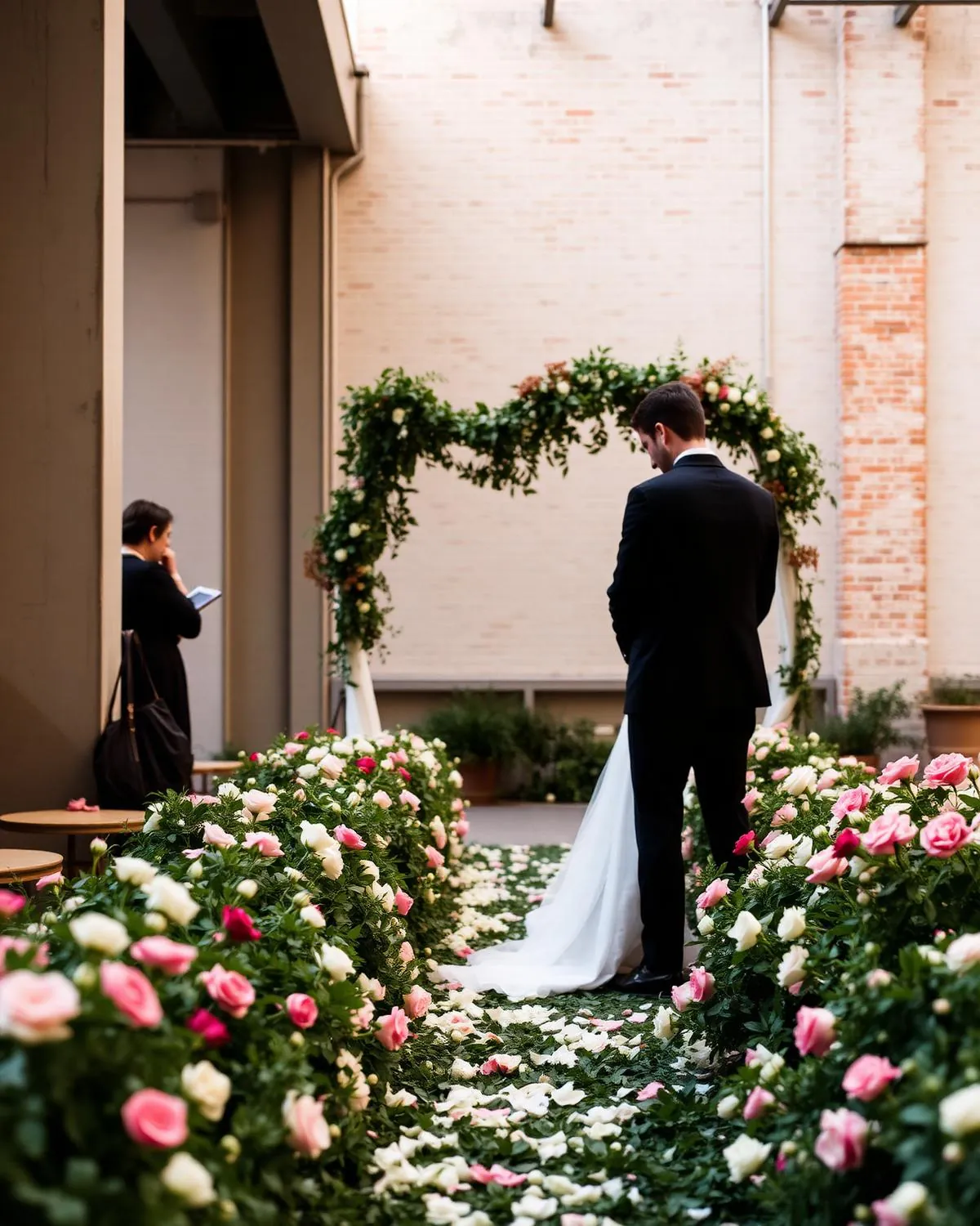 Romantic wedding ceremony aisle lined with a ground meadow of roses and greenery in a Manhattan loft