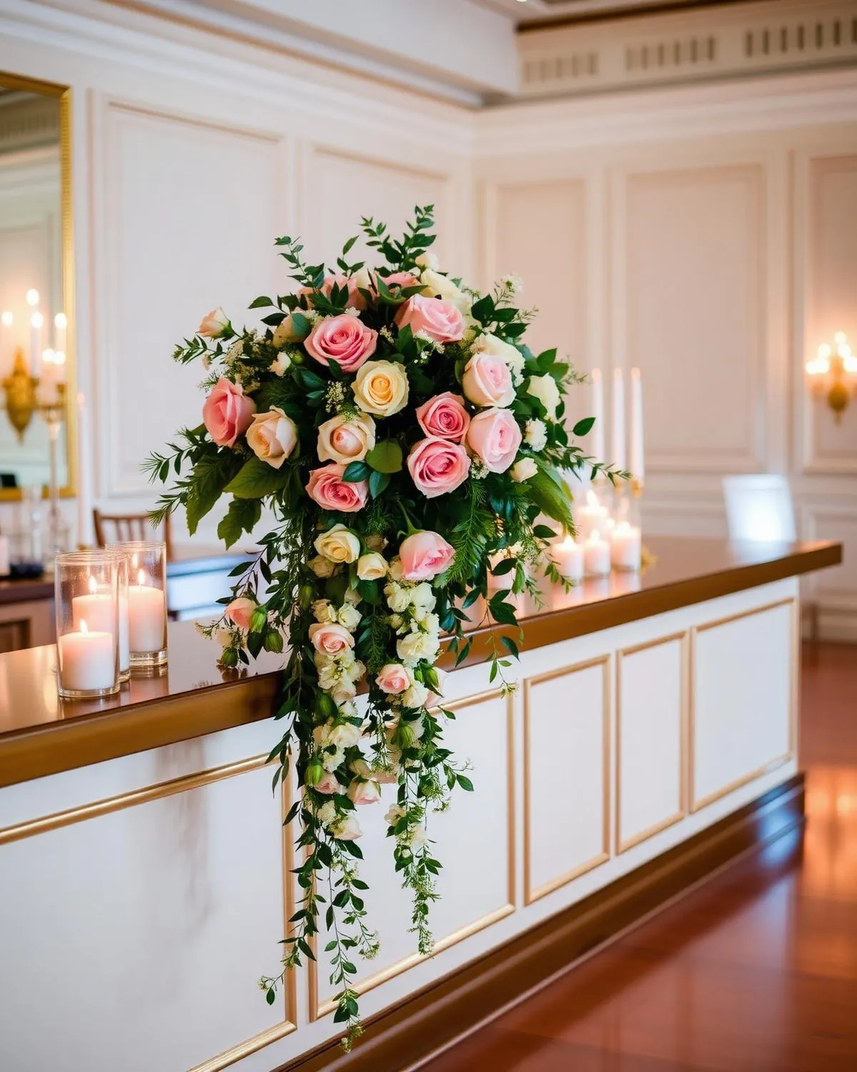 Cascading floral arrangement of garden roses and trailing greenery on a reception bar