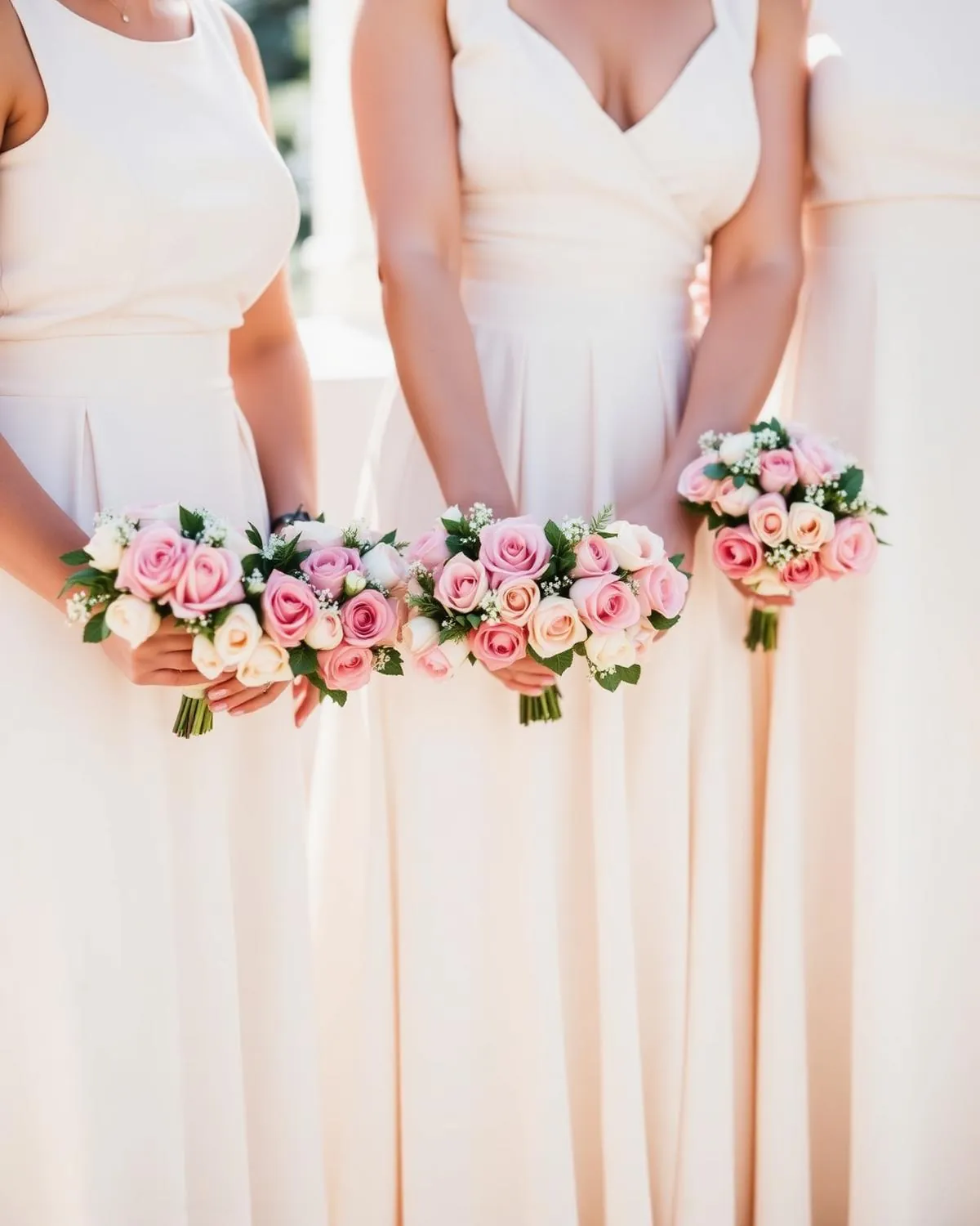 Bridesmaids in soft blush dresses holding small garden-rose bouquets in natural daylight