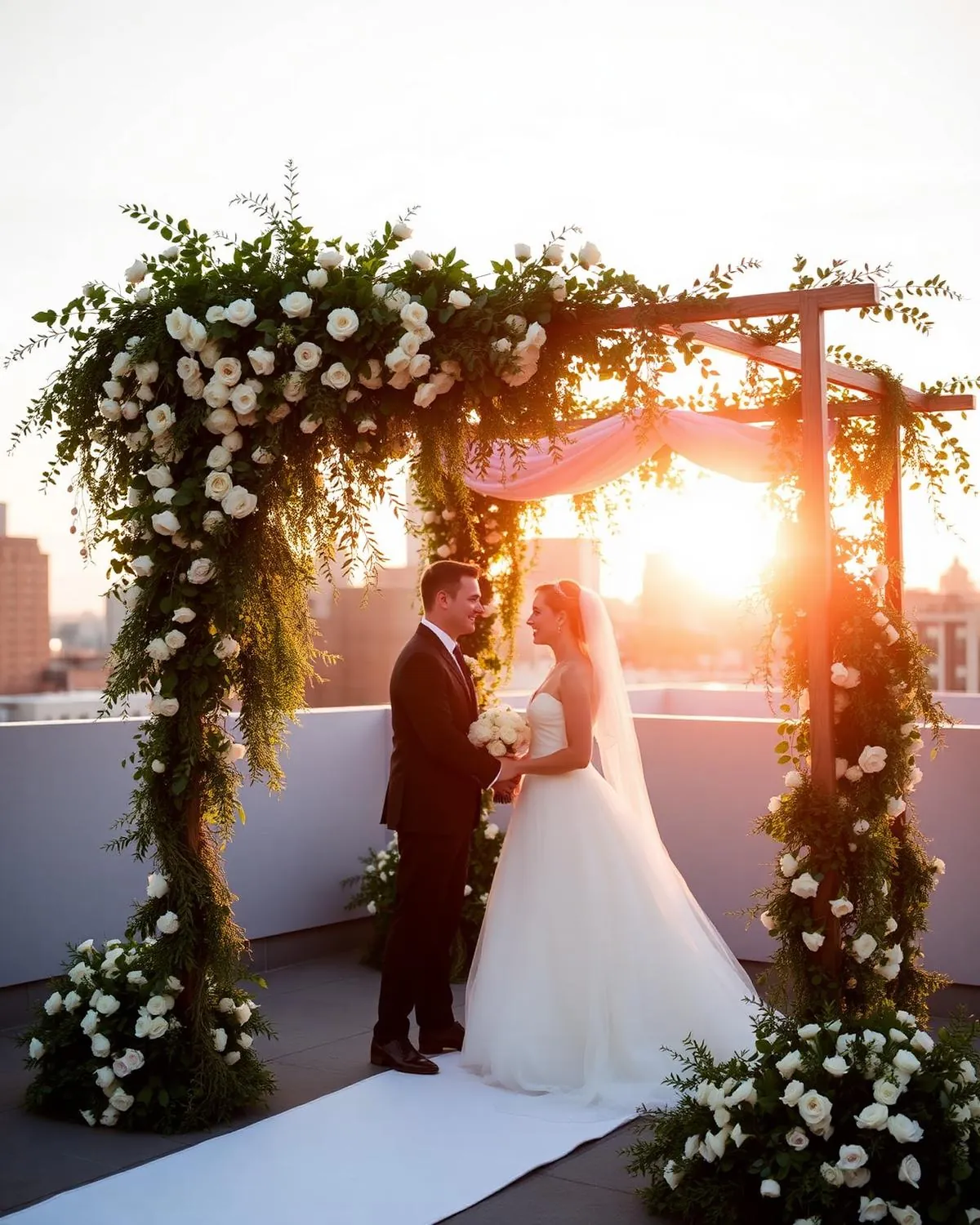 Lush floral chuppah dripping with smilax greenery and white ranunculus at a NYC rooftop wedding at golden hour