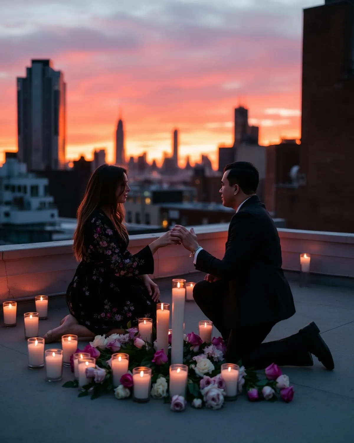 Intimate rooftop proposal floral setup with candles and roses at sunset over the New York skyline