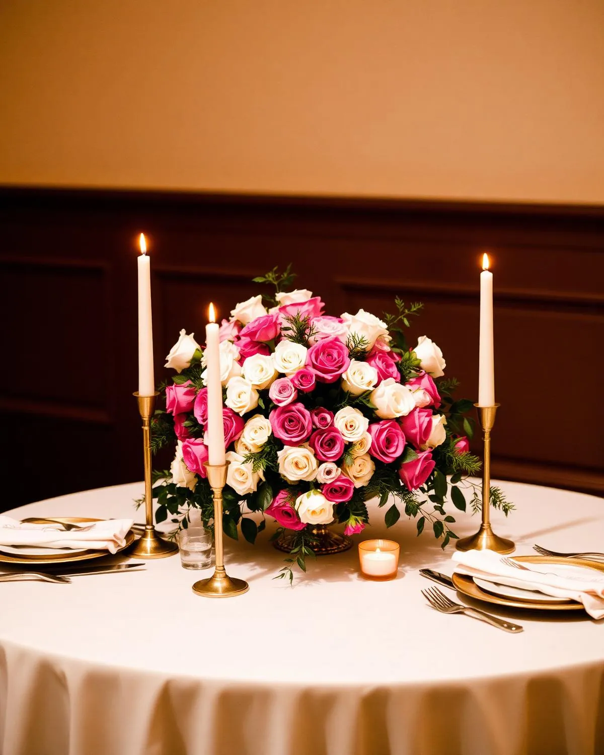 Sweetheart table for two with an overflowing garden-rose centerpiece and taper candles