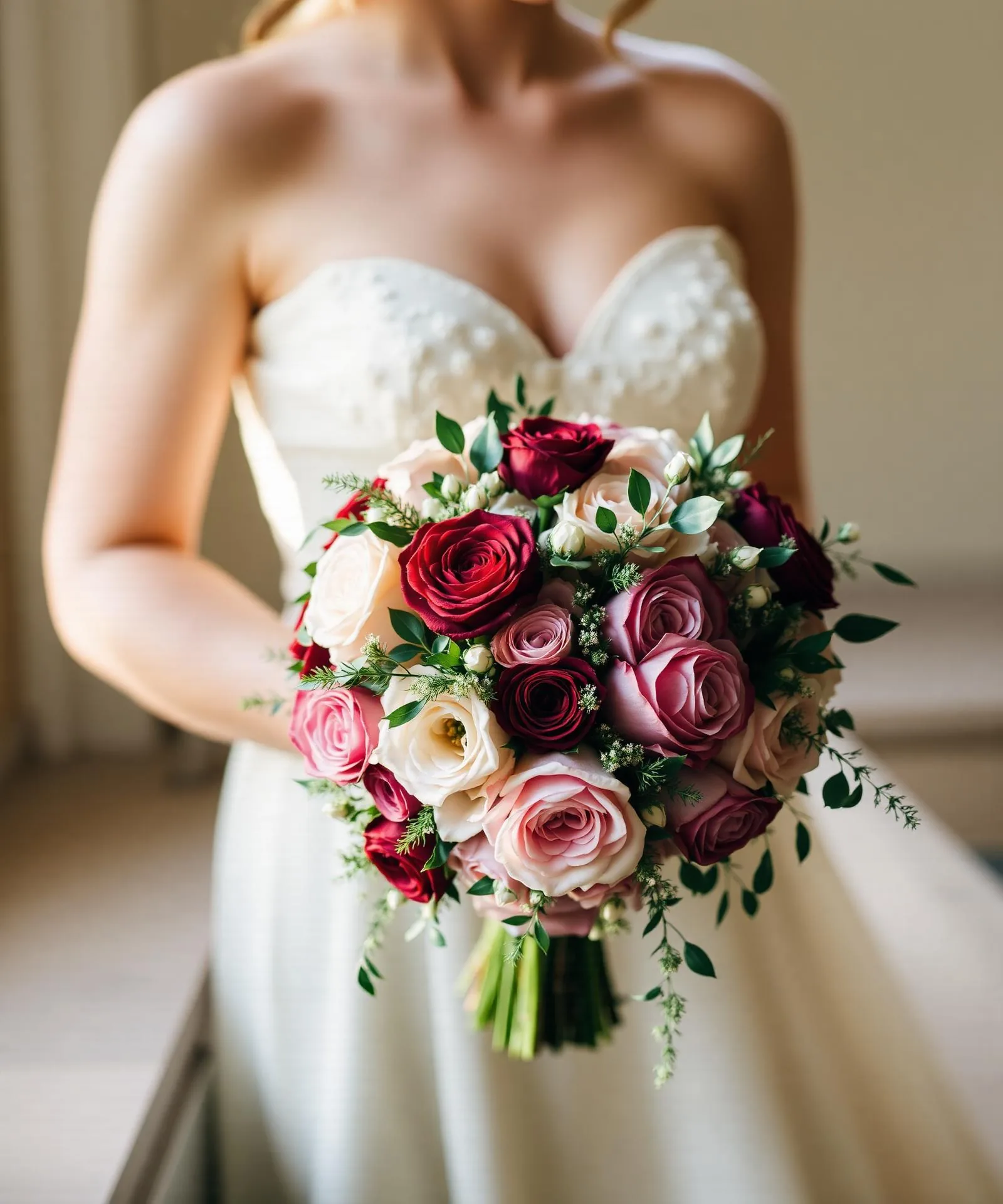 Romantic NYC bridal bouquet of garden roses, ranunculus and trailing greenery held by a bride in soft window light